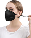 Person wearing KN95 Face Mask 5 Ply Protection With 95 Percent Filtration For Daily Use Black 50 Pack Skin Friendly Comfort