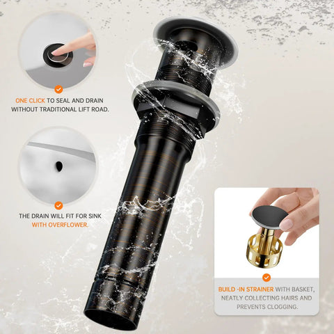 Oil Rubbed Bronze Waterfall Bathroom Sink Faucet With Single Handle 6 Inch Deck Plate Metal Pop Up Drain Assembly CUPC Water Supply Lines No Fuss Easy Install Style Fits 4 Inch Single Hole Or 3 Holes drain details