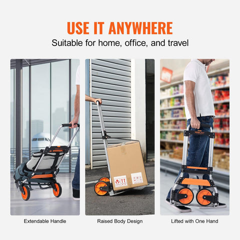 Folding Hand Truck And Dolly For Easy Haul, 275 Lb Capacity Aluminum Cart With Telescoping Handle used in home, office, and shopping settings