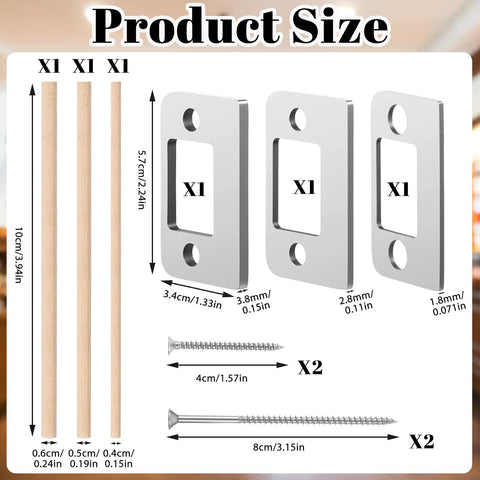 Top Shelf Door Strike Shim Plates With Stainless Steel Spacers Deadbolt Restorer Alignment Kit dimensions showing wood and metal parts.