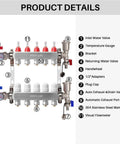 Five-Branch Radiant Heat Manifold In Stainless Steel For Hydronic Floor Heating With PEX Outlet Compatibility shown with components labeled