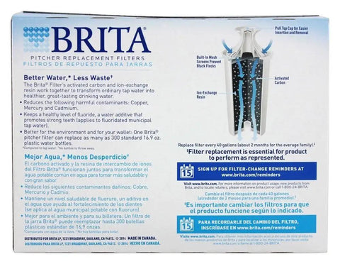 Brita replacement water pitcher filters pack of 3 details on packaging, BPA-free and clean-tasting water, reduces chlorine taste and odor.