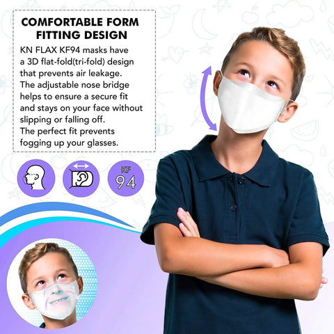 Child wearing a KF94 Mask For Protection Adjustable Easy Breathing Four Layer Filter Made In Korea Individually Packaged Kid Friendly Face Cover