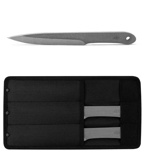 10.2 Inch Throwing Spear Set with nylon sheath, full tang, 0.236 inch thick for competition, featuring two spears in sheath view.