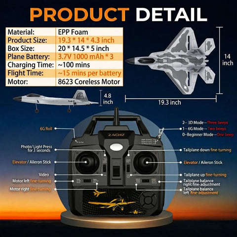 Dimensions and features of F22 Raptor RC Plane with 6-axis gyro, remote control, EPP foam; includes specs and size details.