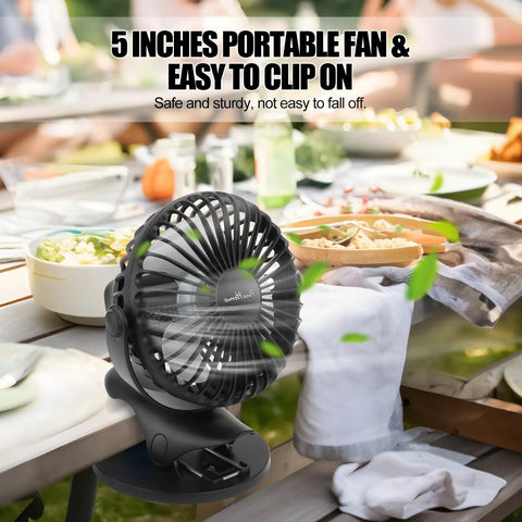 Rechargeable Portable Clip On Desk Fan For Beat The Heat On The Go With 3 Speeds And USB Power on outdoor table