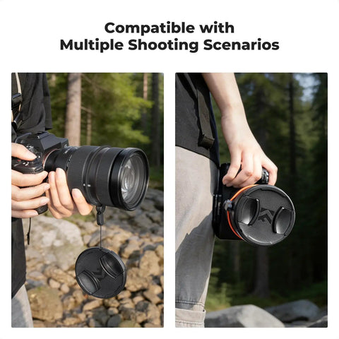 Photographer using 4 In 1 Center Pinch Lens Cap Kit With Anti Loss Keeper Leash And Microfiber Cloths For 49mm Lenses outdoors