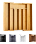 Sleek Expandable Bamboo Drawer Organizer For Kitchen Flatware Holder With Hassle Free Adjustable Compartments, showing movable dividers.