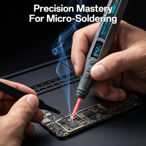 Cordless Soldering Iron Kit with 8S Rapid Heating and 3200mAh USB C Battery in use on electronics, LCD showing temperature.
