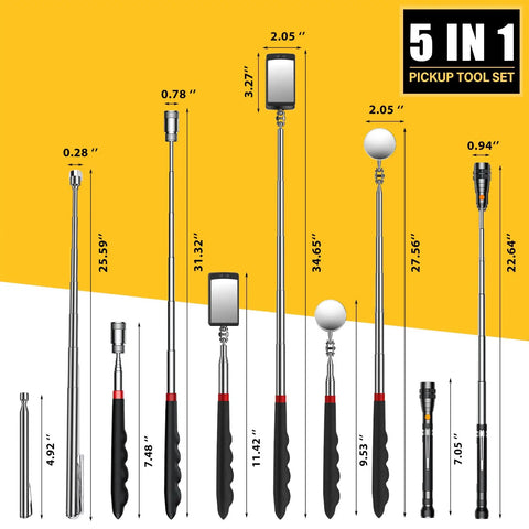 Ultimate Magnetic Pickup Tool Set With 15lb And 1lb Pickup Rods, mirrors, telescoping flashlight shown in 5-piece layout