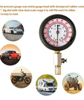 Front view of oil pressure tester gauge kit with 3-inch metal dial and rubber cover, 0–140 psi, brass connector