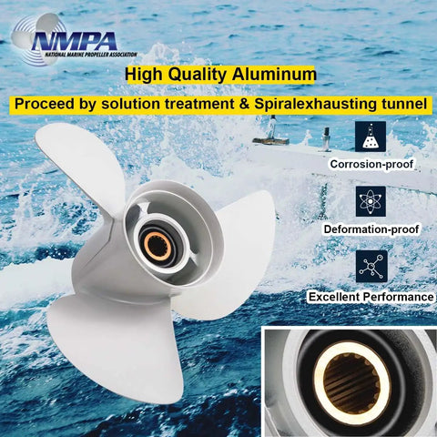 14x19 Aluminum Boat Propeller For Yamaha Outboards 150-300 HP Right Hand Rotation Three Blade OEM Upgrade With Durable White Finish And Tight Tolerance 6G5-45945-01-98 Rh, showing corrosion-proof design and detail view of hub.