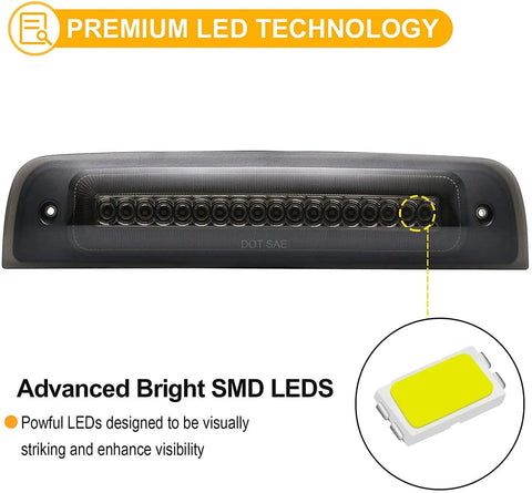 LED Strobe Third Brake Light for Ram Trucks 1500 2500 3500 4500 5500 2010 Through 2018, close-up of SMD LEDs and smoked lens.
