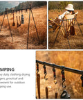 10 Pack Outdoor Camping Hook Hanger Set Portable Compact Size Clothes Storage Holder Lightweight Sturdy Hooks for Hiking Gear Organization and Drying Perfect for Bags Lamps Tents On The Go, installed on a tripod with gear hanging.