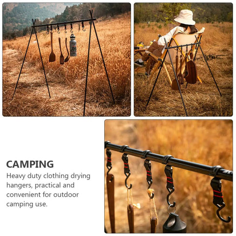 10 Pack Outdoor Camping Hook Hanger Set Portable Compact Size Clothes Storage Holder Lightweight Sturdy Hooks for Hiking Gear Organization and Drying Perfect for Bags Lamps Tents On The Go, installed on a tripod with gear hanging.