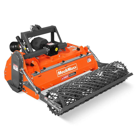 48 Inch Stone Burying Reverse Rotation Rotary Tiller With 3 Point Hitch Cat 1 Chain Drive PTO Shaft Included And Slip Clutch For 20 To 45 HP Tractors Ready To Go on white background