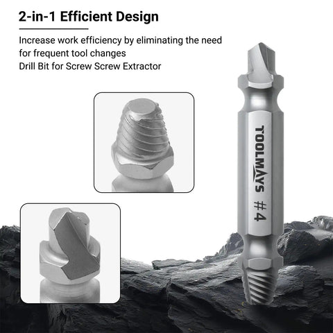 Close-up view of a Universal Screw Extractor Kit With Drill Bits For Stripped Rusty Screws And Nuts Remover Tools For Broken Bolts DIY Hardware Repair Set Heavy Duty Alloy Steel.