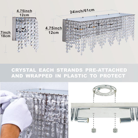 Glam Crystal 24 Inch Over Mirror Bathroom Vanity Light Fixture in Stainless Steel with Sparkling Crystals, Modern Rectangular Design