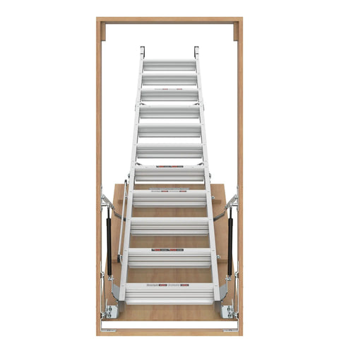 Beefy Heavy Duty Aluminum Attic Ladder 25 By 54 Inch With 375 Pound Capacity Pull Down Access For Ceilings Ranging From 7 Ft 8 In To 10 Ft 3 In Easy Install Durable Construction For Safe Home Storage, open in frame