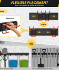Image of a garage wall mount tool organizer with heavy duty hooks, showing adjustable hooks and comparison to other racks for versatility.