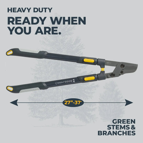 Heavy Duty Extendable Lopper With 25 To 37 Inch Telescoping Handles, Lever Action Bypass Blade, gray background, 27 to 37 inch range displayed