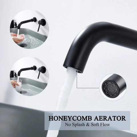 Matte Black Wall Mount Bathroom Faucet With Single Handle 360 Degree Swivel Long Spout Solid Brass Construction Dual Purpose