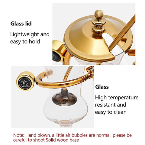 Royal Belgian Siphon Coffee Maker In Gold Retro Siphon Brewer with glass lid and high temperature resistant glass.
