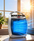 Portable Electric Space Heater With Dual 1500W And 750W Heating, Ceramic Desk Heater And Fan, shown near sunny window, silver