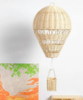 Rattan Woven Hot Air Balloon Wall Decor For Kids Room Cute Nursery Hanging Ornament, woven beige rattan with basket, cozy boho style.