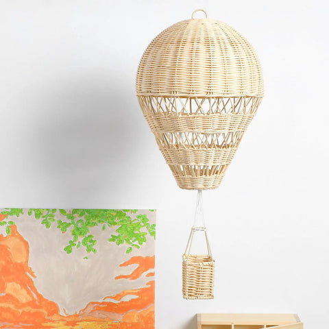 Rattan Woven Hot Air Balloon Wall Decor For Kids Room Cute Nursery Hanging Ornament, woven beige rattan with basket, cozy boho style.