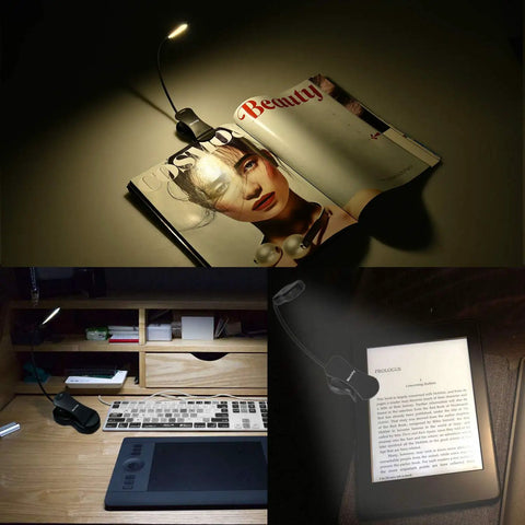 Rechargeable Clip On Book Light For Reading In Bed With 3 Color Modes And 9 Brightness Levels lighting a magazine and ebook.