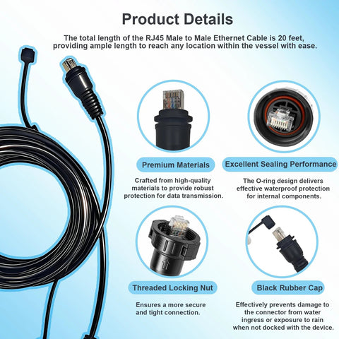 Kilogorge 20ft marine RJ45 Ethernet cable with male-to-male connectors for Garmin GPSMAP and other marine devices.