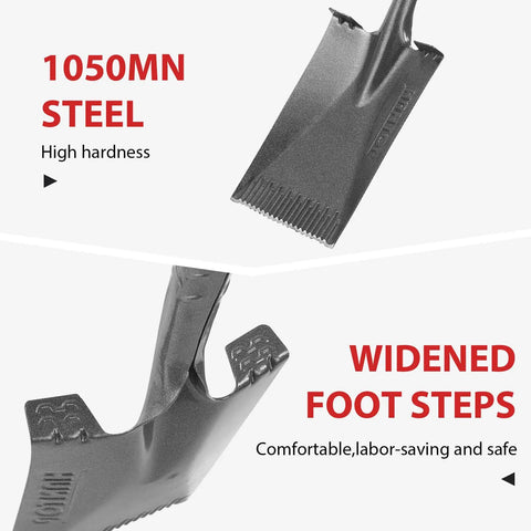 Pro Grade Spade Shovel With Sawtooth Blade For Digging Planting And Edging In The Garden So You Can Dig Like A Pro 43 Inch Tool With 1050MN Steel Head And Fiberglass Handle For A Rugged Grip And Long Lasting Performance showing 1050MN steel blade and widened foot steps design
