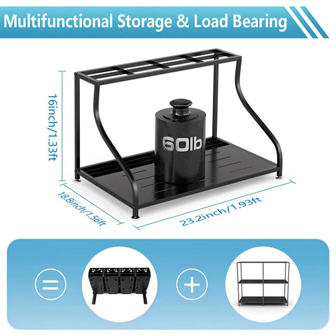 Rock Solid Freestanding Ski Storage Rack For Garage Designed With Zero Hassle To Store Your Snowboards And Boots While Granting Lightning Fast Access For Gnarly Winter Runs, black metal frame, 23.2 inches wide.
