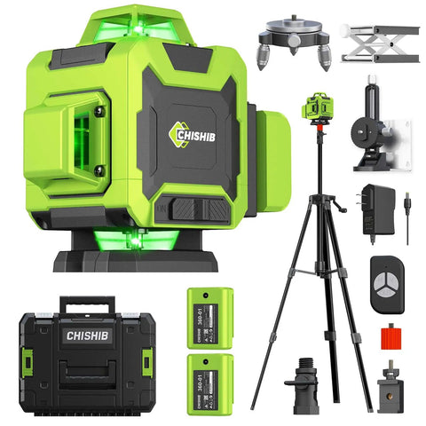 Self Leveling Green Beam Laser Level With Tripod A Real Workhorse Pro Grade 4x360 Degree Coverage 4D Laser Tool For Picture Hanging Tile And Home Renovation Indoors Includes 2 Lithium Batteries, shown with tripod, batteries, and case
