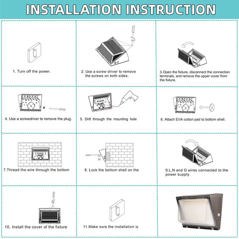Installation steps for Dimmable 100W LED Wall Pack Light With Dusk to Dawn Photocell, 100-277V, 14000LM security lighting