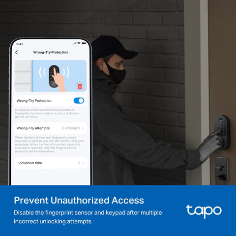 Person using Smart Wi-Fi Deadbolt Door Lock With Fingerprint Recognition, No-Fuss Keypad, App Control, Bluetooth And Voice Assistant Support