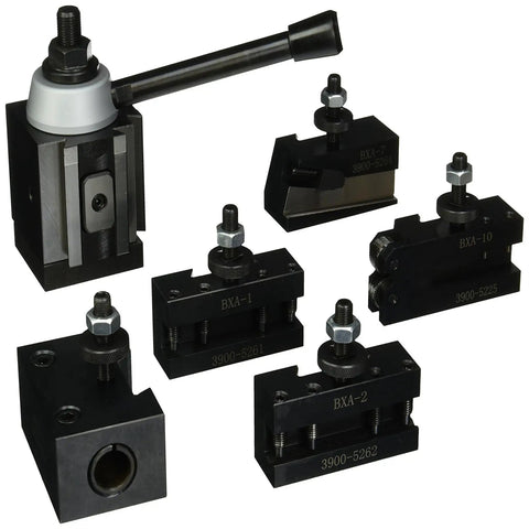 Set of Six Piece Quick Change Tool Post Set For Lathe with wedge and piston type holders including 250 222 250 201.