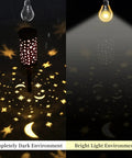 Six Pack Solar Outdoor Lights For Garden Pathway And Patio Bronze Lanterns With Moon And Star Designs illuminating in dark and light