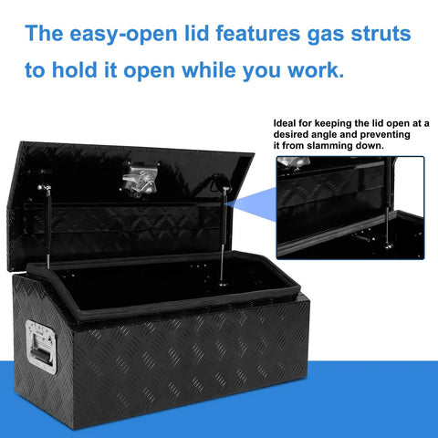 Solid 30 Inch Aluminum Diamond Plate Trailer Tongue Toolbox With Smooth Gas Struts And Secure Key Lock Matte Black Finish To Keep Your Towing Gear Neat And On Point Whenever You Hit The Open Road