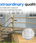 Outdoor wooden deck with Four Pack 2 Inch Rope Support Holders With Cross Screw Rings Stainless Steel Drop Ring Brackets for Rope Fencing