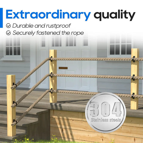 Outdoor wooden deck with Four Pack 2 Inch Rope Support Holders With Cross Screw Rings Stainless Steel Drop Ring Brackets for Rope Fencing