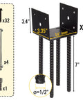 Fence Post Holder Ground Spike for Concrete Deck, 4x4 Post Base Anchor, Steel Black Powder Coated, 4 Pack with measurement details