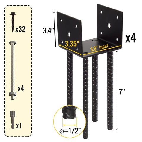 Fence Post Holder Ground Spike for Concrete Deck, 4x4 Post Base Anchor, Steel Black Powder Coated, 4 Pack with measurement details
