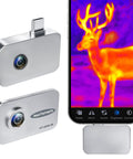 Thermal Camera For Android USB C With Macro Lens And 512 By 384 Super Resolution Infrared Imaging 256 By 192 IR Resolution Thermal Imager For Home DIY And Industrial PCB Inspections Temperature Range From 5 To 1022 Fahrenheit Not For iOS connected to smartphone displaying thermal deer image.