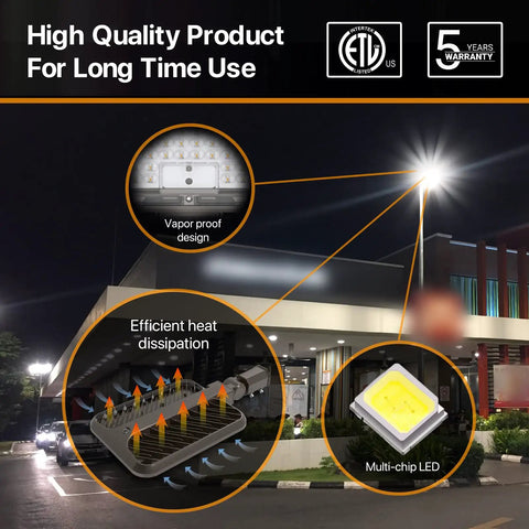 Ultra Bright 300W LED Parking Lot Light With 45000 Lumens 5000K Daylight IP65 Outdoor details and street view.