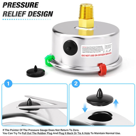 Meanlin Measure 2.5-inch stainless steel liquid-filled vacuum/pressure gauge, 1/8 NPT, center-back mount