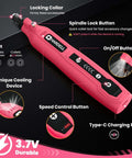 HARDELL pink mini cordless rotary tool with 69 accessories, USB-C charging, 3.7V, 5-speed.