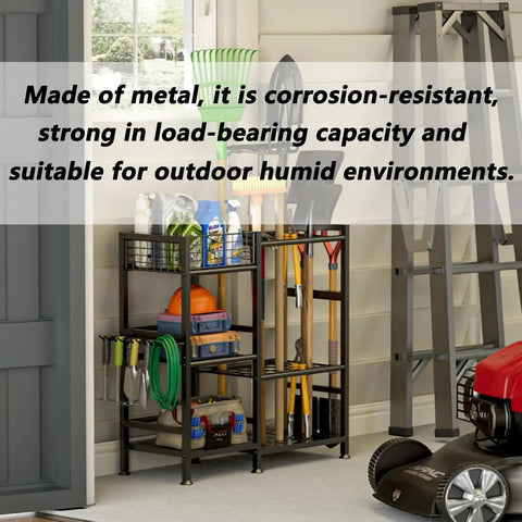 Heavy Duty Garden Tool Organizer Rack With Slick Storage Hooks And Multi Shelf Design For Garage Yard Shed Or Workshop keeps tools and gear tidy.