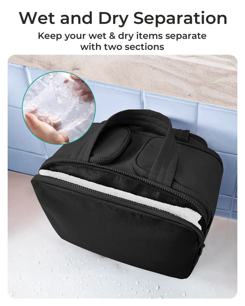 Ultra Lightweight Puffy Travel Toiletry Bag With Handle, Large Capacity Organizer For Women, showing wet and dry compartments